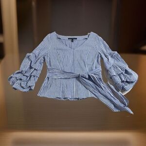 White House Black Market Navy Striped Ruffle Blouse